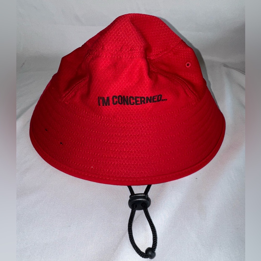 RED NEW ERA FUNNY SPORTS BUCKET HAT. EMBROIDERED I’M CONCERNED. MEDIUM/LARGE